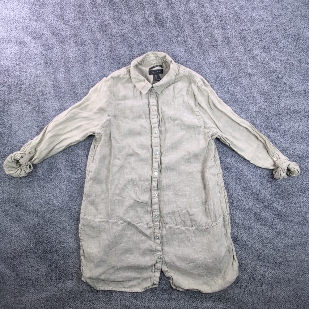 Tahari Linen Longline Button Down Shirt Womens Large Green Sage Roll Tab Sleeve